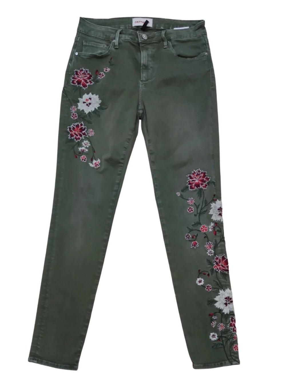 DRIFTWOOD Jackie Olive Green Skinny Jeans with Floral Embroidery